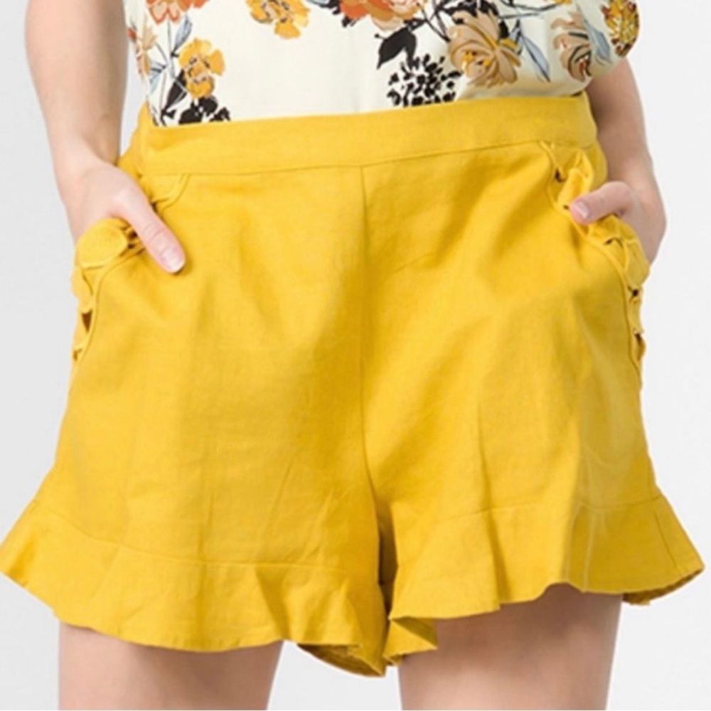 June & Hudson Yellow Linen Blend Ruffle Hem Shorts Omens Medium Boho
